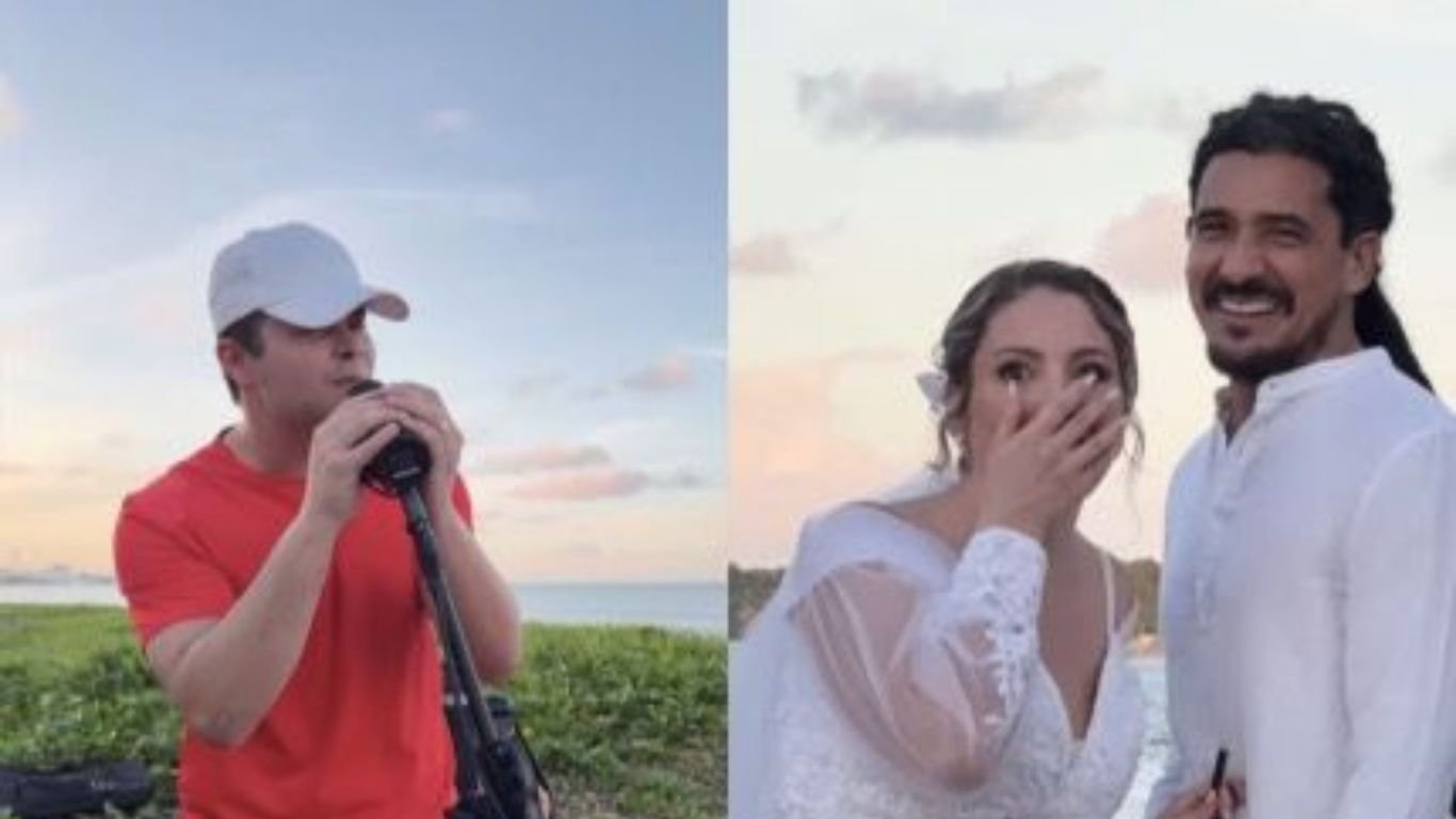 Matheus, dupla com Kauan, faz surpresa para noivos durante casamento na praia