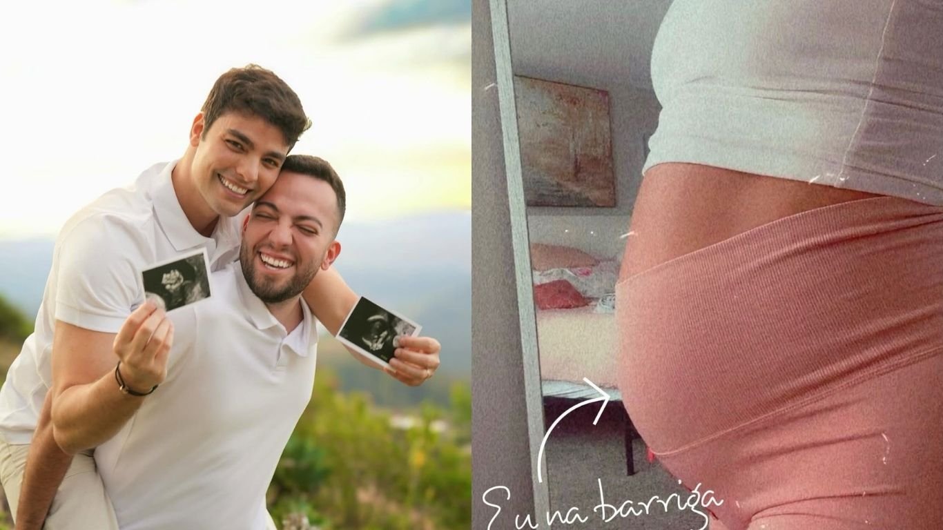 Lucas Rangel e Lucas Bley exibem barriga que gera filho do casal