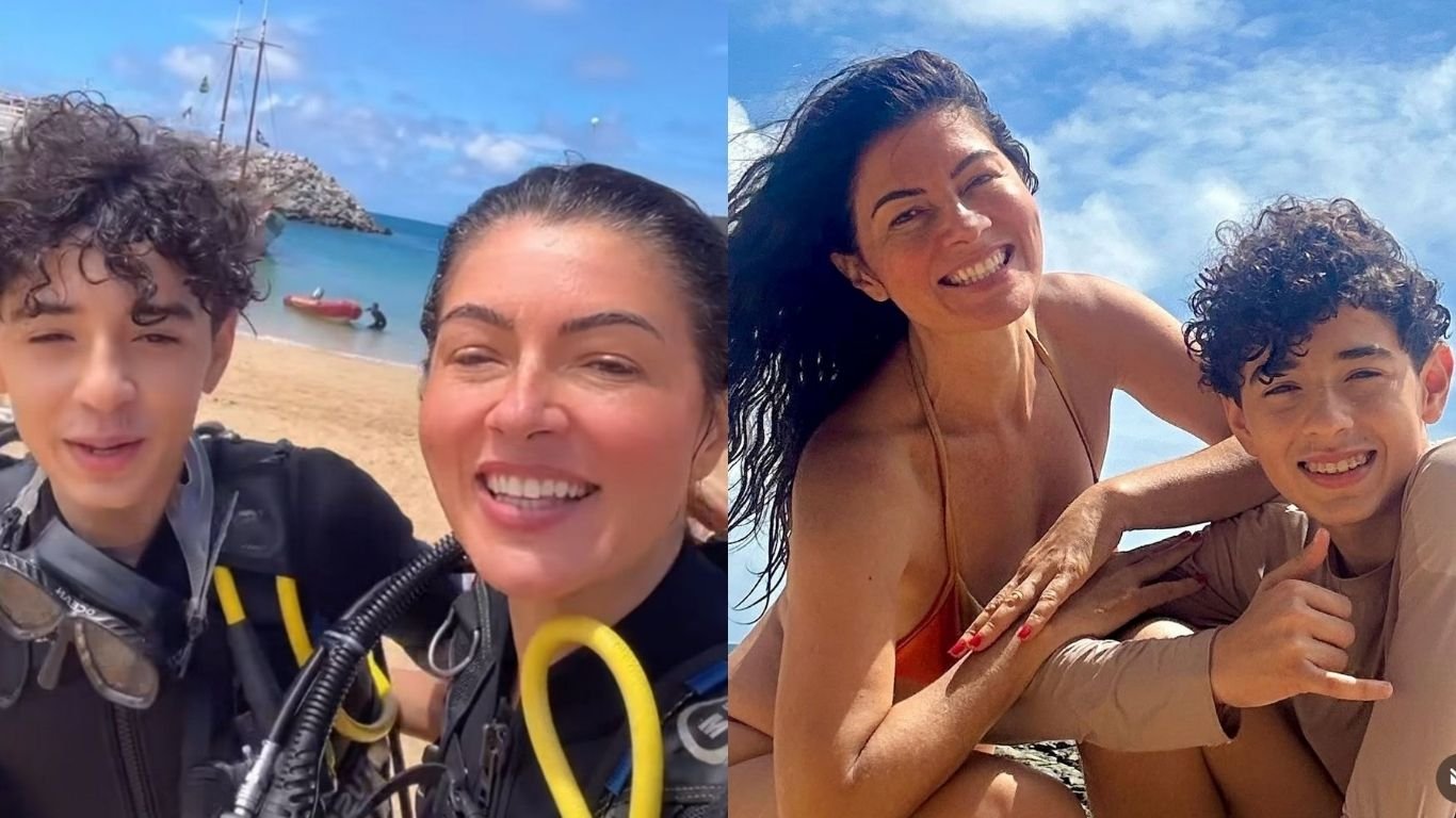 Meiry Lanunce faz mergulho com tubarões em Noronha