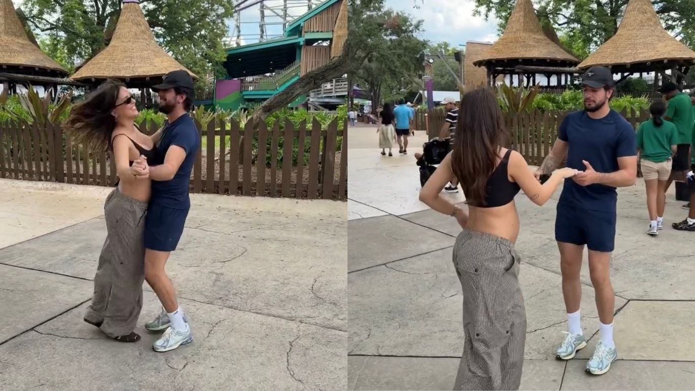 Grávida, Rafa Kalimman surge dançando com Nattan na Disney