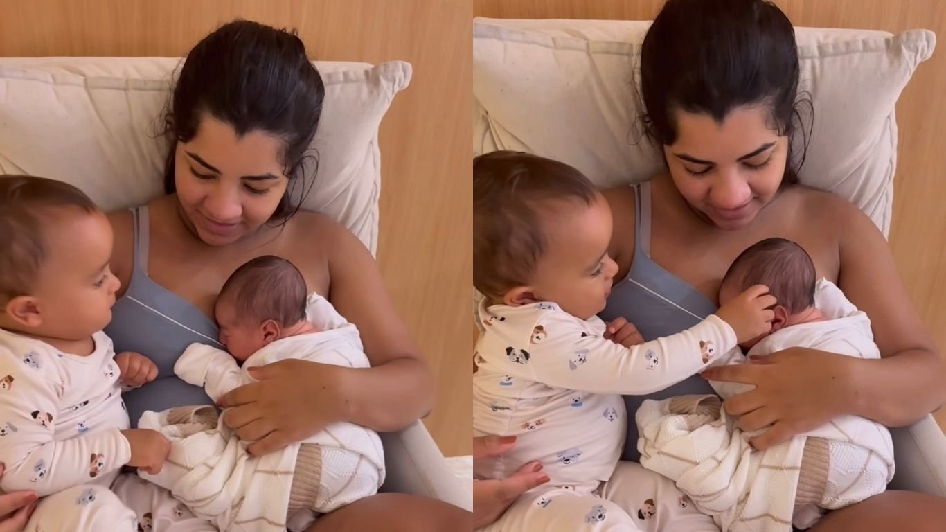 Ary Mirelle mostra Jorge fazendo carinho no irmão recém-nascido; veja