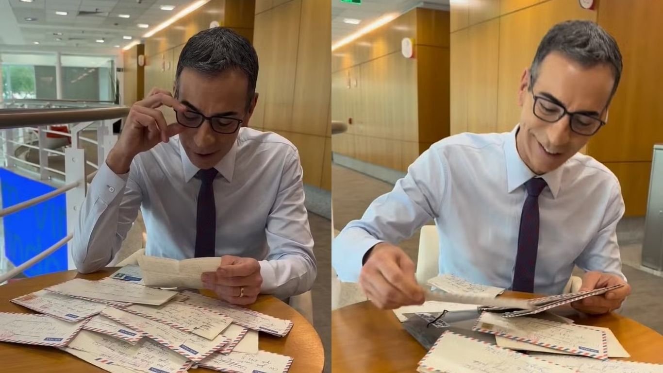 Cesar Tralli se emociona ao ler cartas da mãe, que faleceu há três anos