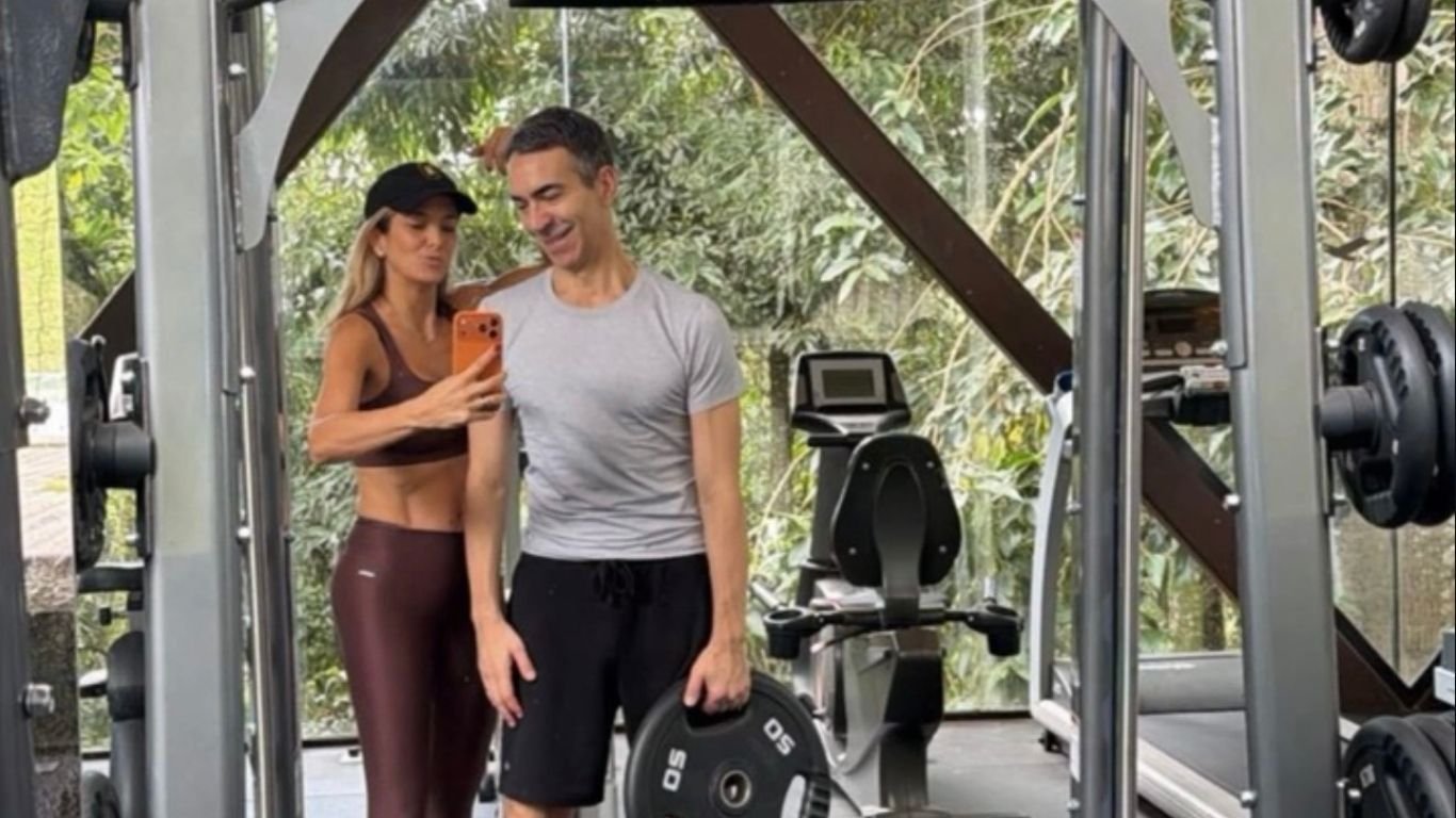 De folga do Jornal Nacional, César Tralli treina com Ticiane Pinheiro