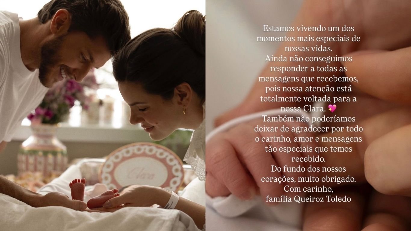 Klebber Toledo e Camila Queiroz agradecem mensagens para a filha; veja