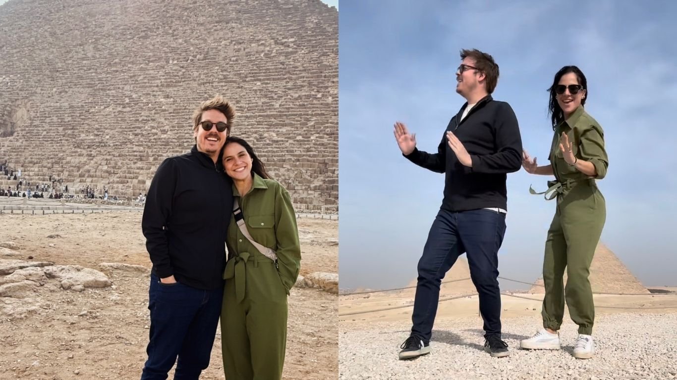 No Egito, Fábio Porchat e Priscila Castelo dançam hit de Margareth Menezes