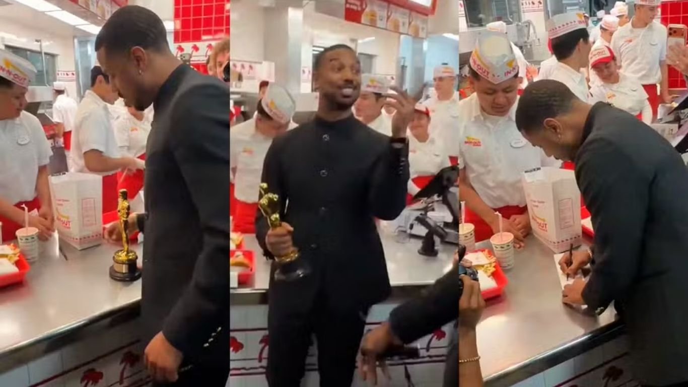 Após vencer o Oscar de melhor ator, Michael B. Jordan comemora em fast-food