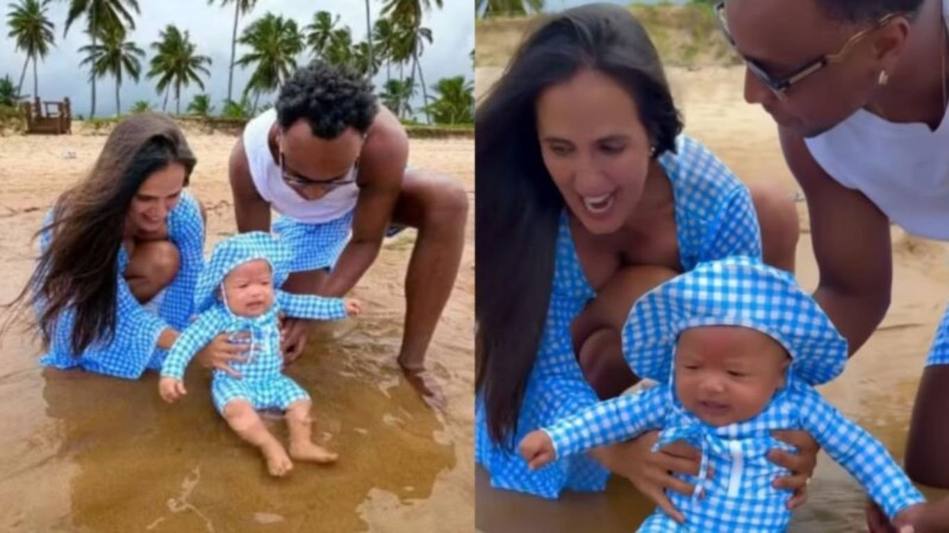 Carol Peixinho e Thiaguinho levam filho para primeiro banho de mar